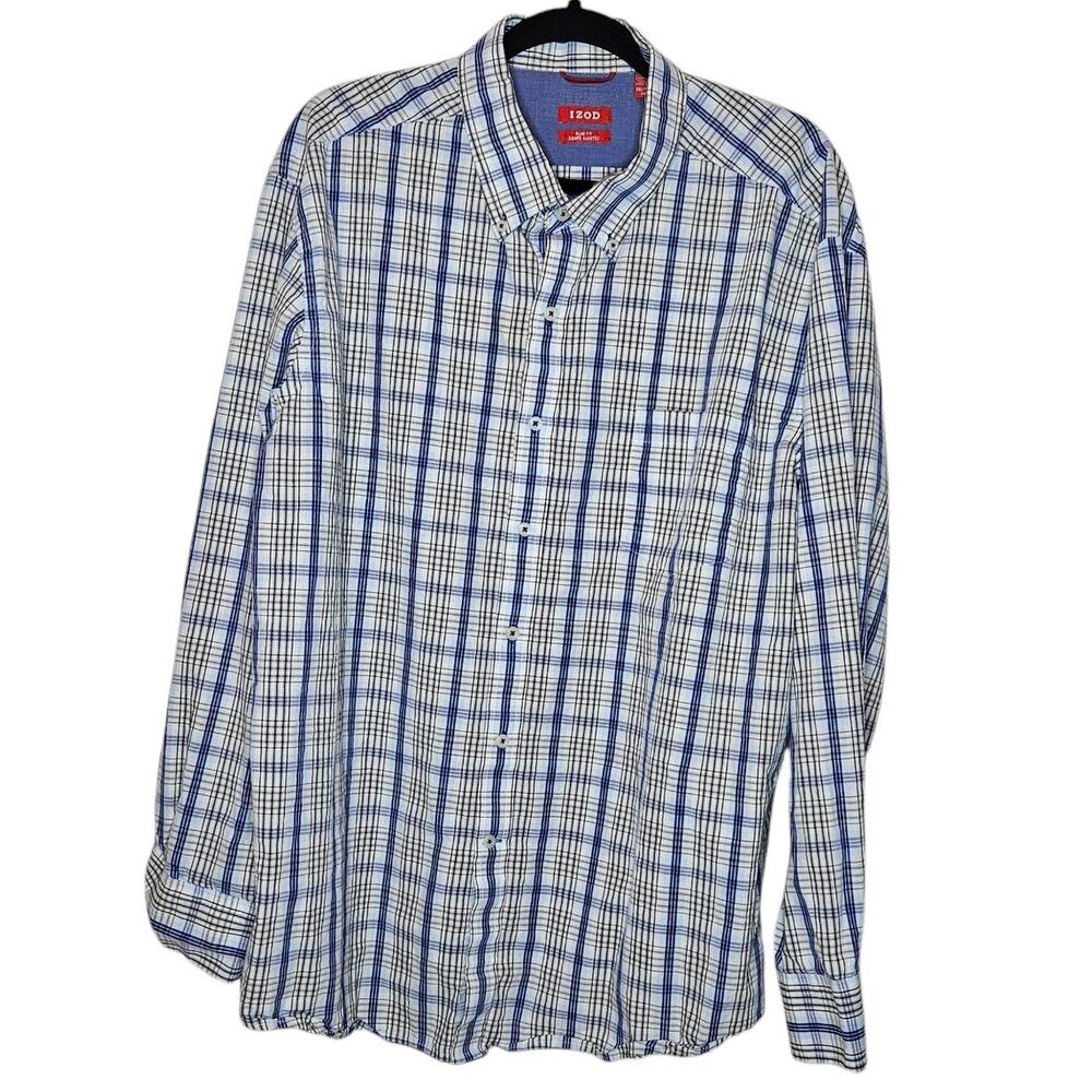 IZOD Slim Fit  black blue grey Plaid striped collared button down shirt size XXL